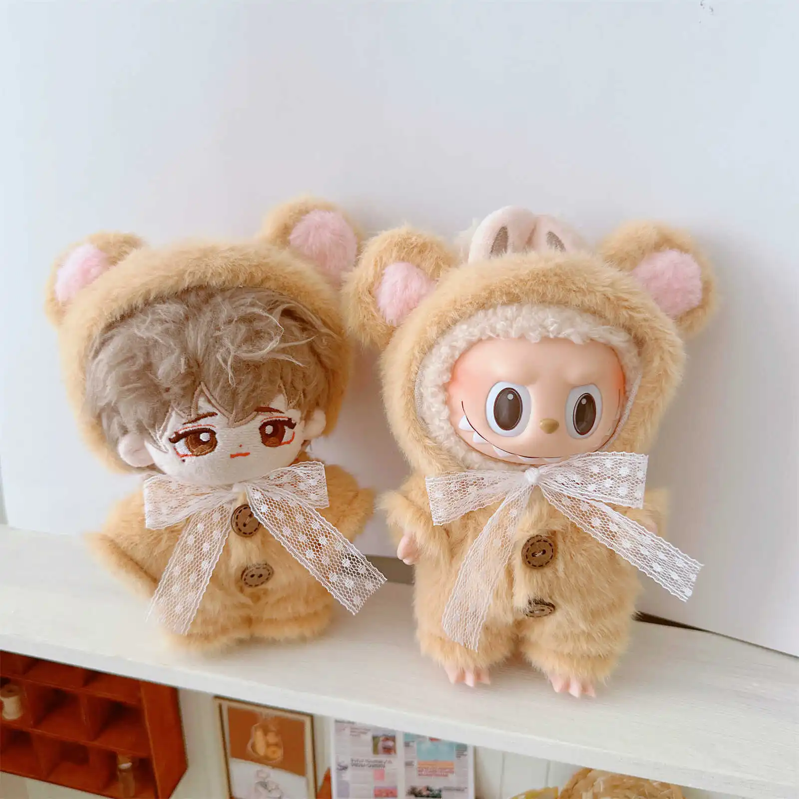 10cm Kawaii Idol Doll Clothes Cute Soft Fluffy Teddy Bear Doll Clothes 2Pcs Set Plush Doll Clothes Accessories Girls Kids Gifts