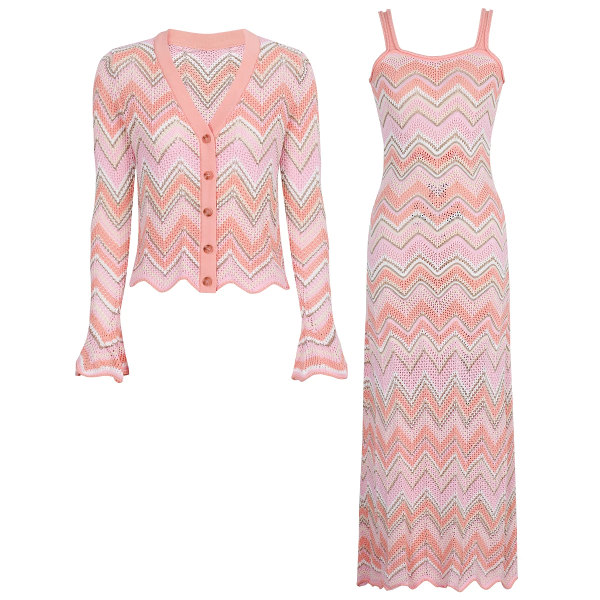 

High-Quality Summer And Autumn New Fashionable Commuting V-Neck Long-Sleeved Knitted Shirt Jacket + Sleeveless Dress Set