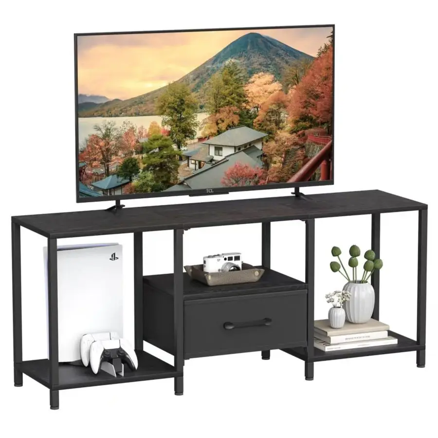 

TV Stand with Fabric Drawer for 55 Inch TV, Entertainment Center with Open Shelves, Media TV Console Table for Living Room, Bedr