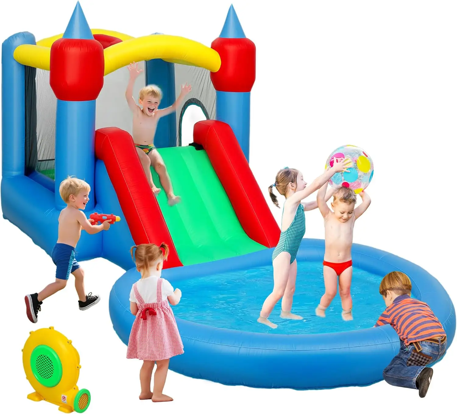 Maison gonflable de rebond, château gonflable 4 en 1 avec toboggan, cerceau de basket-ball, fosse à balles, souffleur 370W, sac de rangement, pour l'extérieur et I