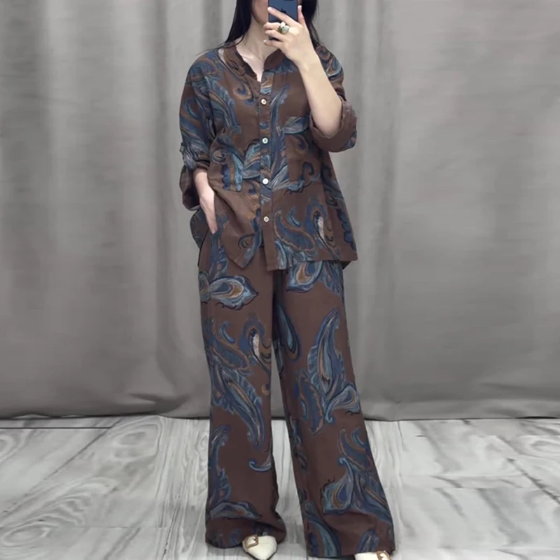 Forest Style Pattern Print Vintage Set Women Spring Adjusted Long Sleeve Shirt & Tie-up Pants Outfit New Summer Button 2pcs Suit