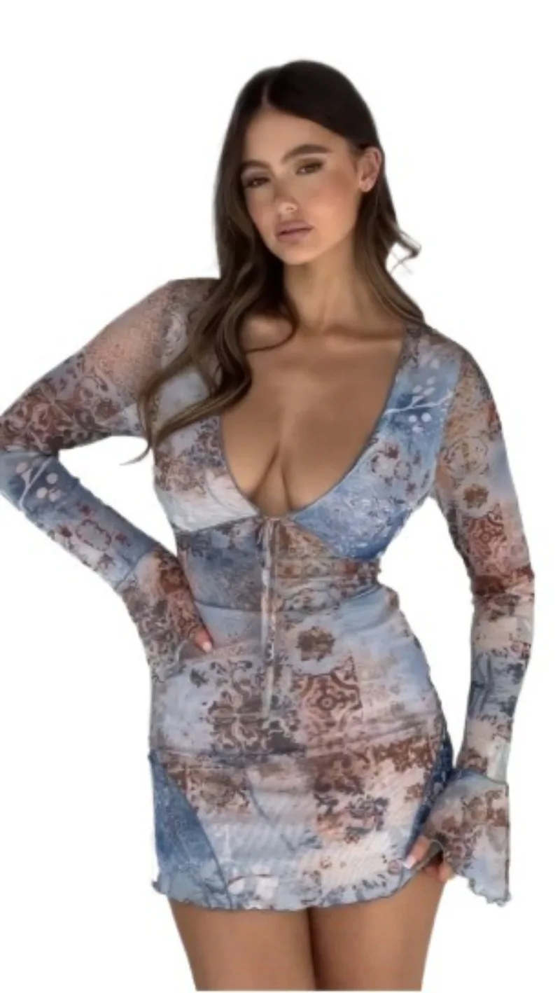 

2023 New Autumn Floral Print Flare Long Sleeve Mini Dress Casual Vintage Grunge Short Dress Ladies Split Women Boho Dress E Girl