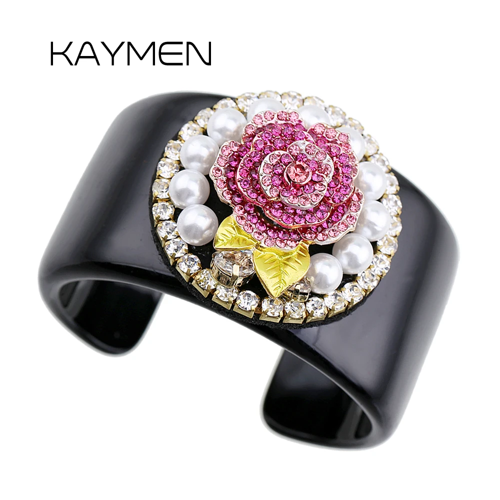 KAYMEN Black Resin Cuff Bracelet Statement Bangle and Crystal Beads Flower Luxury Handmade Bangle Fashionable Bracelet for Girls