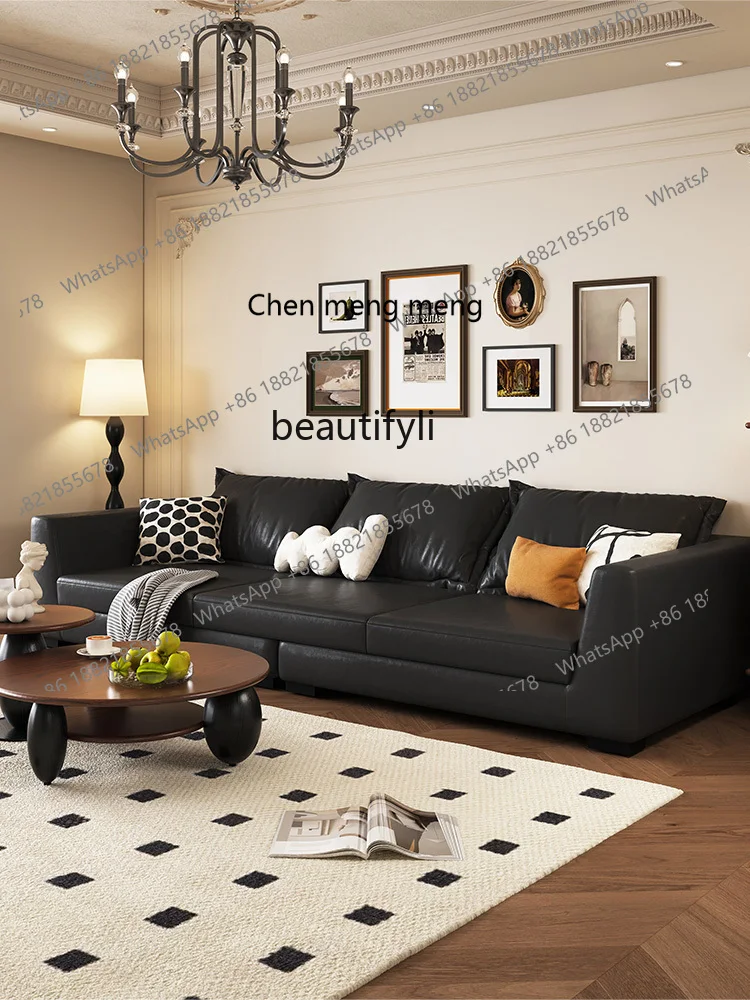 X   French Leather Sofa Living Room Small Apartment Retro Designer Middle-Ancient Brown Double Nordic Minimalism Leather Sofa