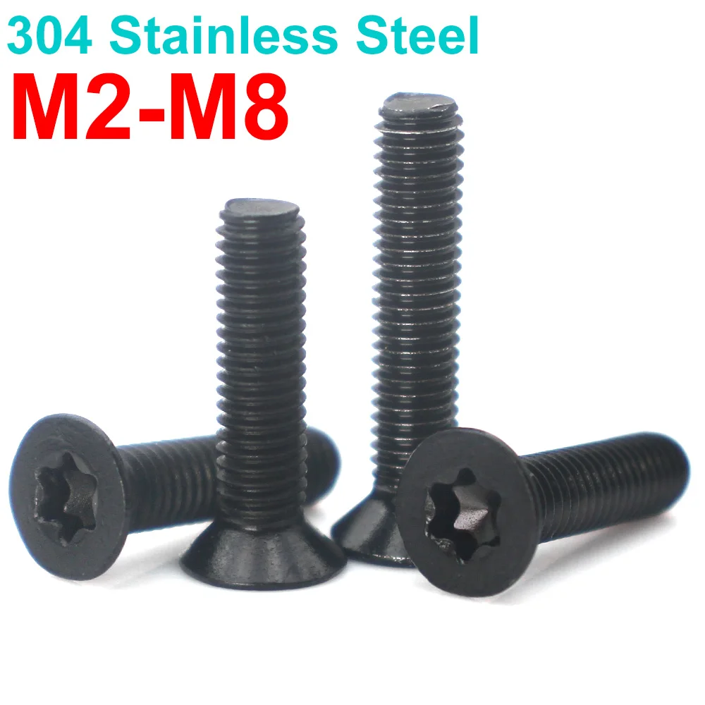 5/10/20/50 pçs m2 m2.5 m3 m4 m5 m6 m8 parafuso de cabeça plana torx de seis lóbulos A2-70 preto 304 parafuso escareado de aço inoxidável gb2673 diy