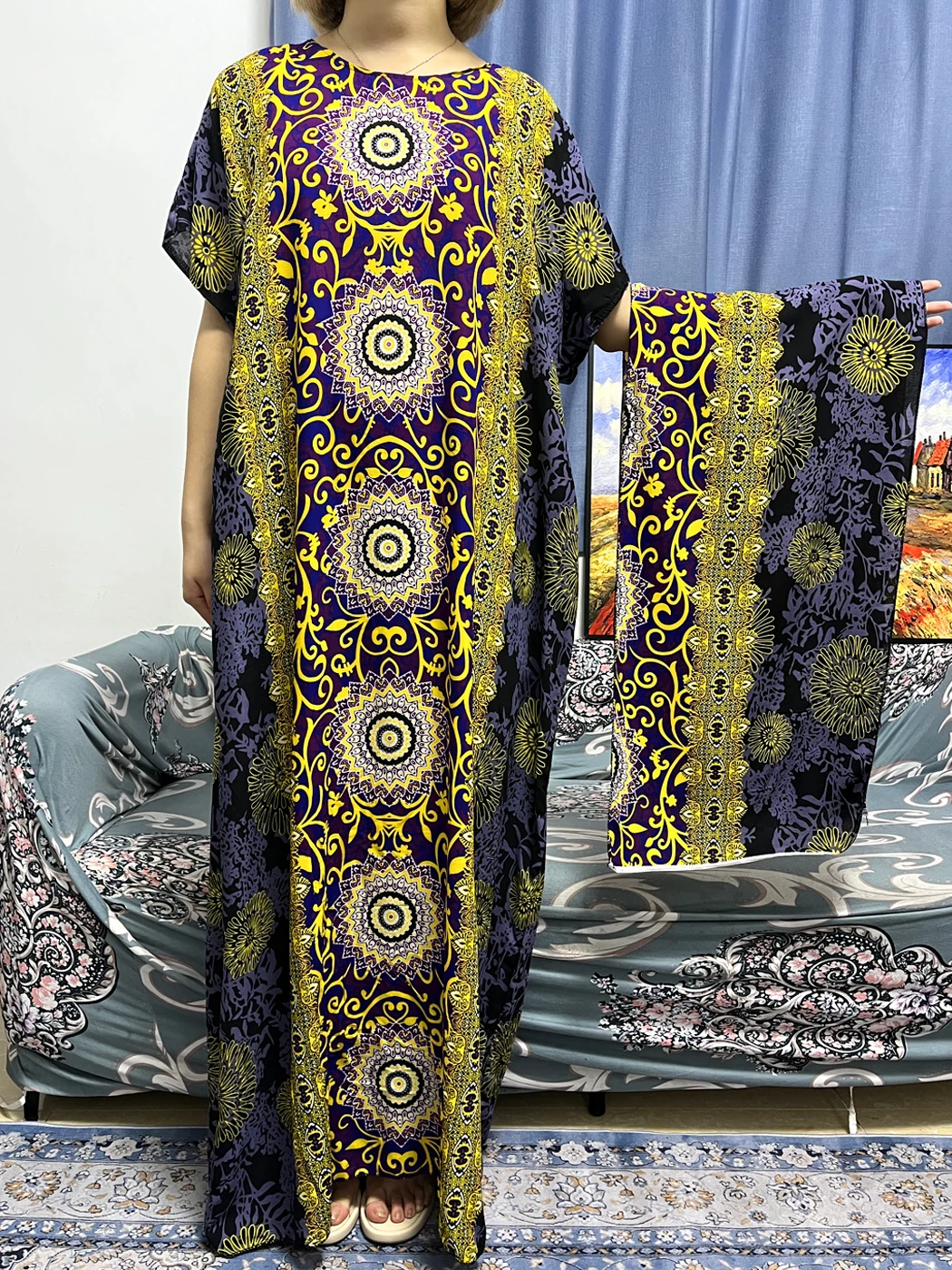 

Muslim Summer Cotton Abayas For Women Islam Traditional Print Floral Femme Robe African Nigeria Traditional Women With Turban