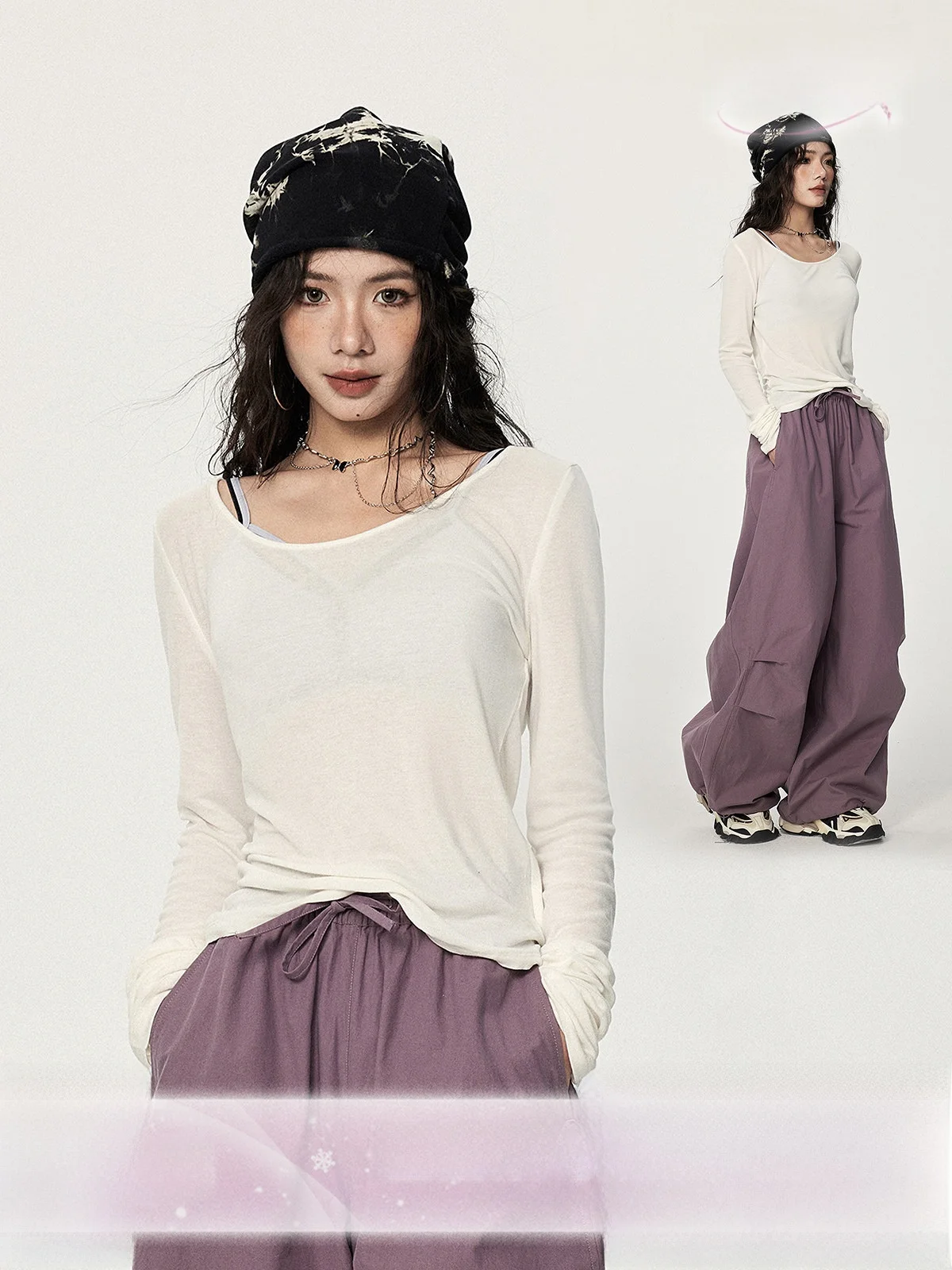 

Свободная женская футболка с длинным рукавом, базовый слой, внутренняя одежда, топ, утягивающий, струящийся, вязаный, белый, в уличном стиле, весенний сезон