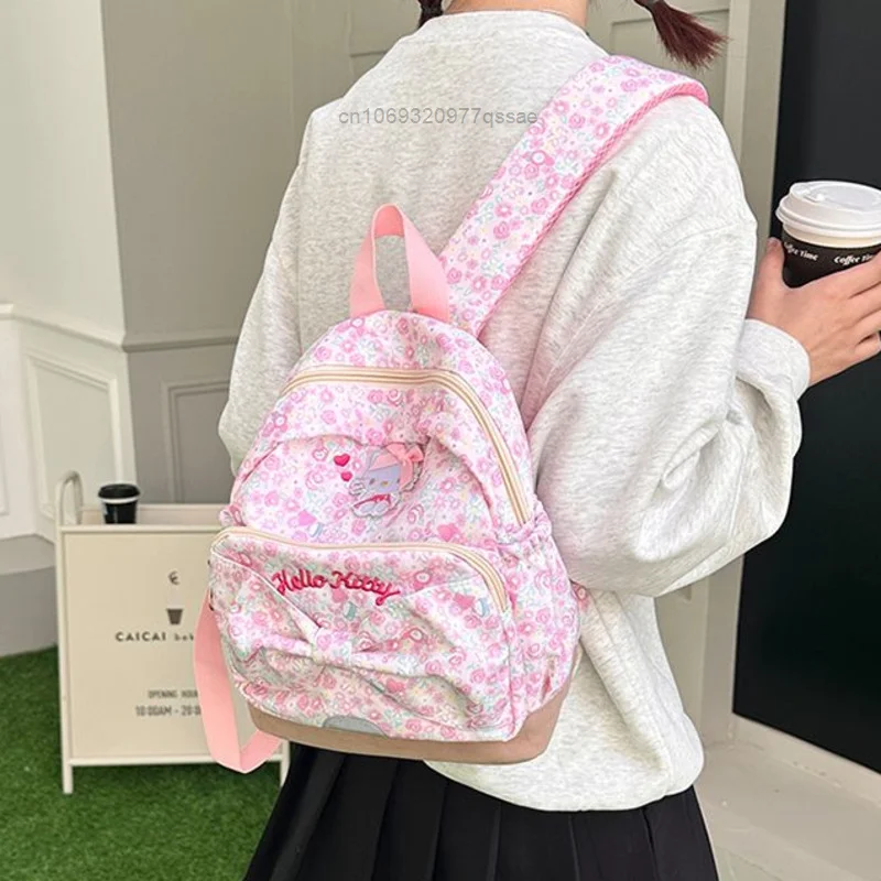 12 inch Hello Kitty Flower Cartoon Melody Backpacks Y2k Sanrio Sweet Cute Girl Embroided Schoolbags Zipper Backpack for Women