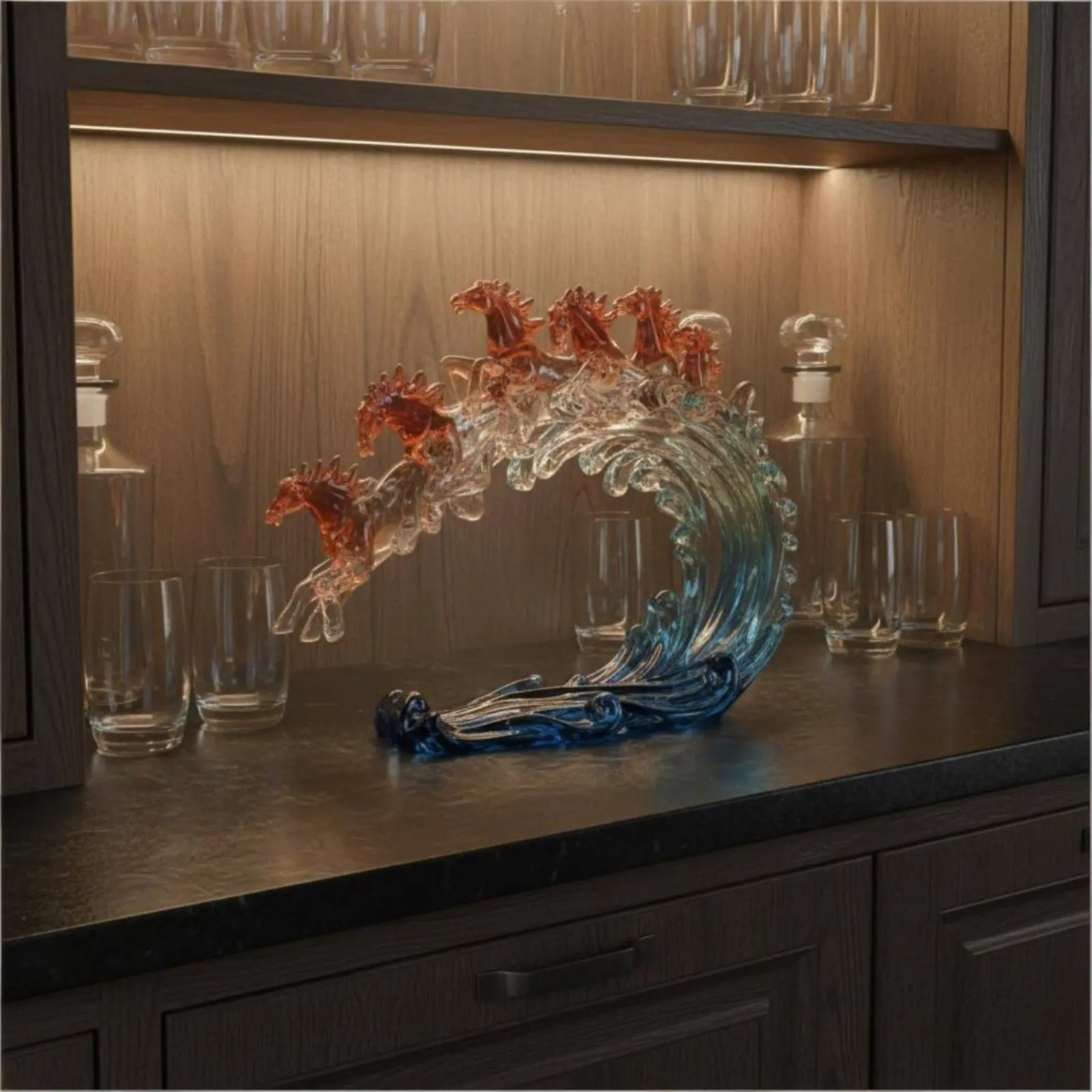 8 Horses on Wave Figurine Bright Luxury Design 8 Horse Sculpture Feng Shui Horse Statue Intricate Features Running Horses Statue