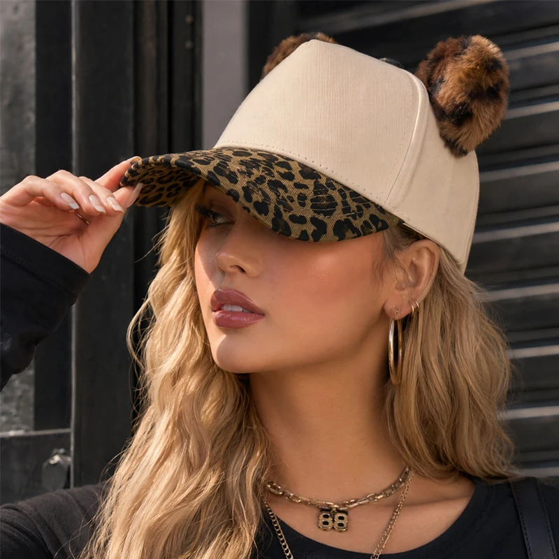 Leopard Print Brim Cat Ear Baseball Caps Women Fluffy Faux Fur Bear Ear Snapback Hats Y2K Harajuku Cute Adjustable Trucker Caps