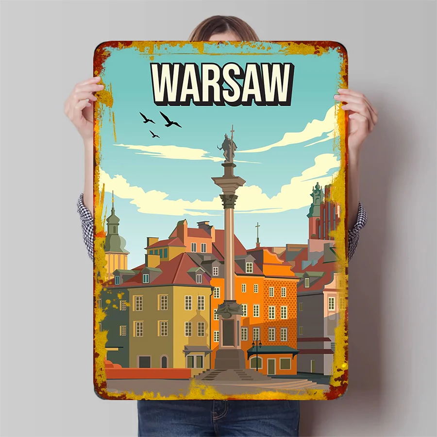 Варшава Old Town Landmark Металлическое настенное искусство Польша городской пейзаж Декоративная живопись для гостиной Офисное украшение