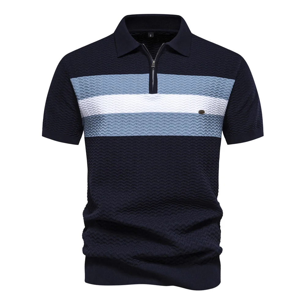 

Summer Men's Polo Shirts Premium Striped Business Short Sleeve T Shirts Thin Versatile Men's Lapel Half Zipper Short Sleeve Tops