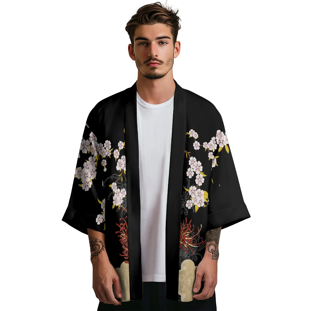 Letnie Kimono moda męska koszula hawajska kobiet sweter plażowy kot na szczęście japońskie ubrania Kimono Haori Yukata