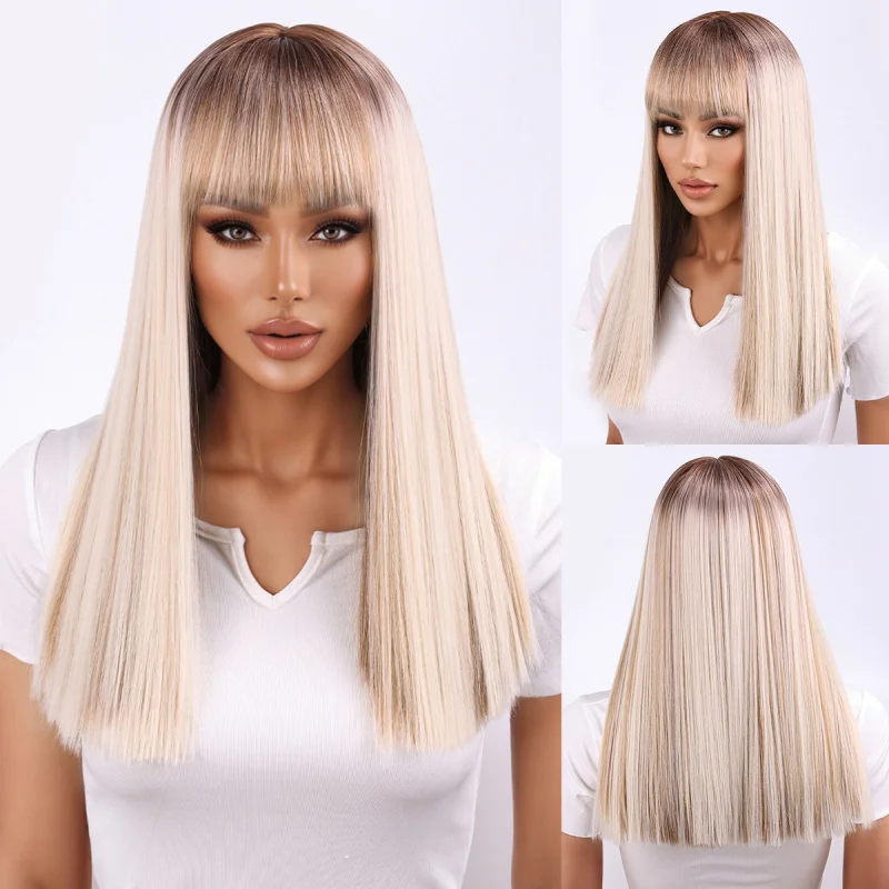 

European and American style women's medium-long straight hair wig, matte high-temperature silk platinum gradient hairstyle, full