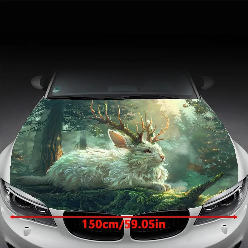 Deerhorn White Rabbit Forest Dream Car Vinyl Wraps, Car Engine Hood Graphics, PVC, Suitable for All Types of Vehicles, Natural F