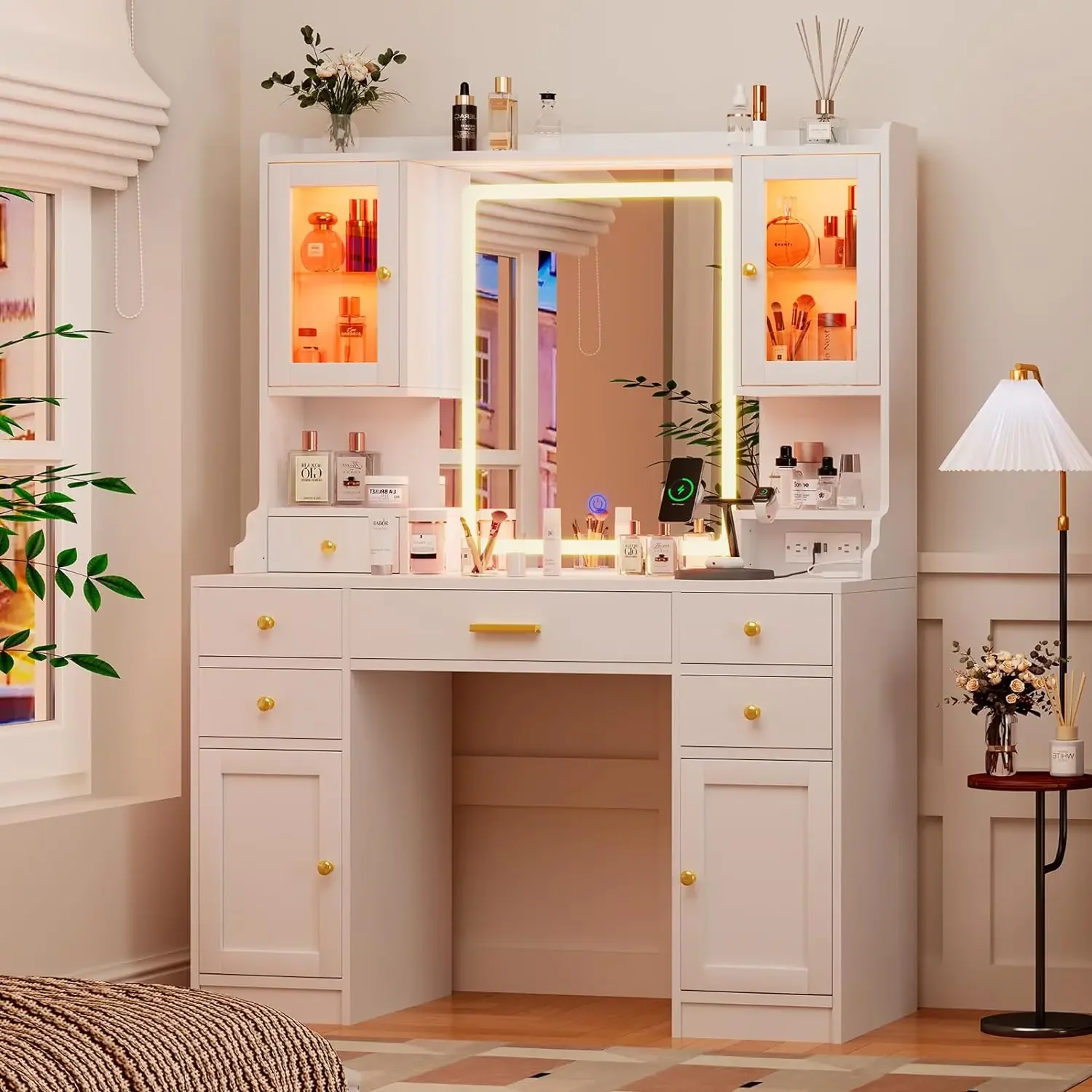 White Vanity Desk with Mirror  Lights and Charging Station Large Makeup Table Set with Cabinets and 3 LED Light Modes