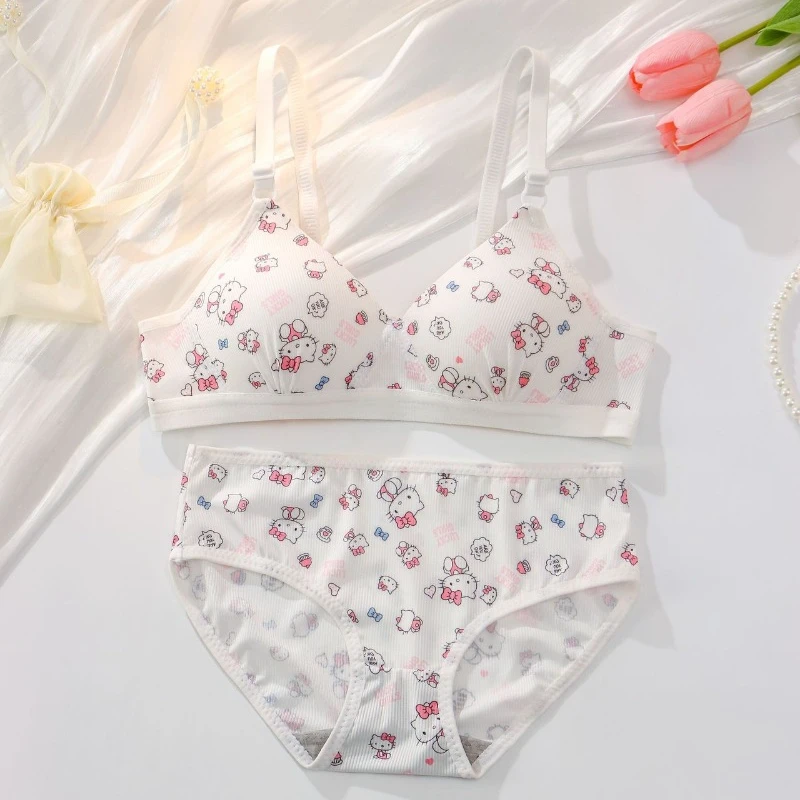 Sanrio Hello Kitty Underwear Kawaii Cartoon Girls Sexy Bra No Wire Push Up Underwear Woman Sports Shockproof Bra Pants