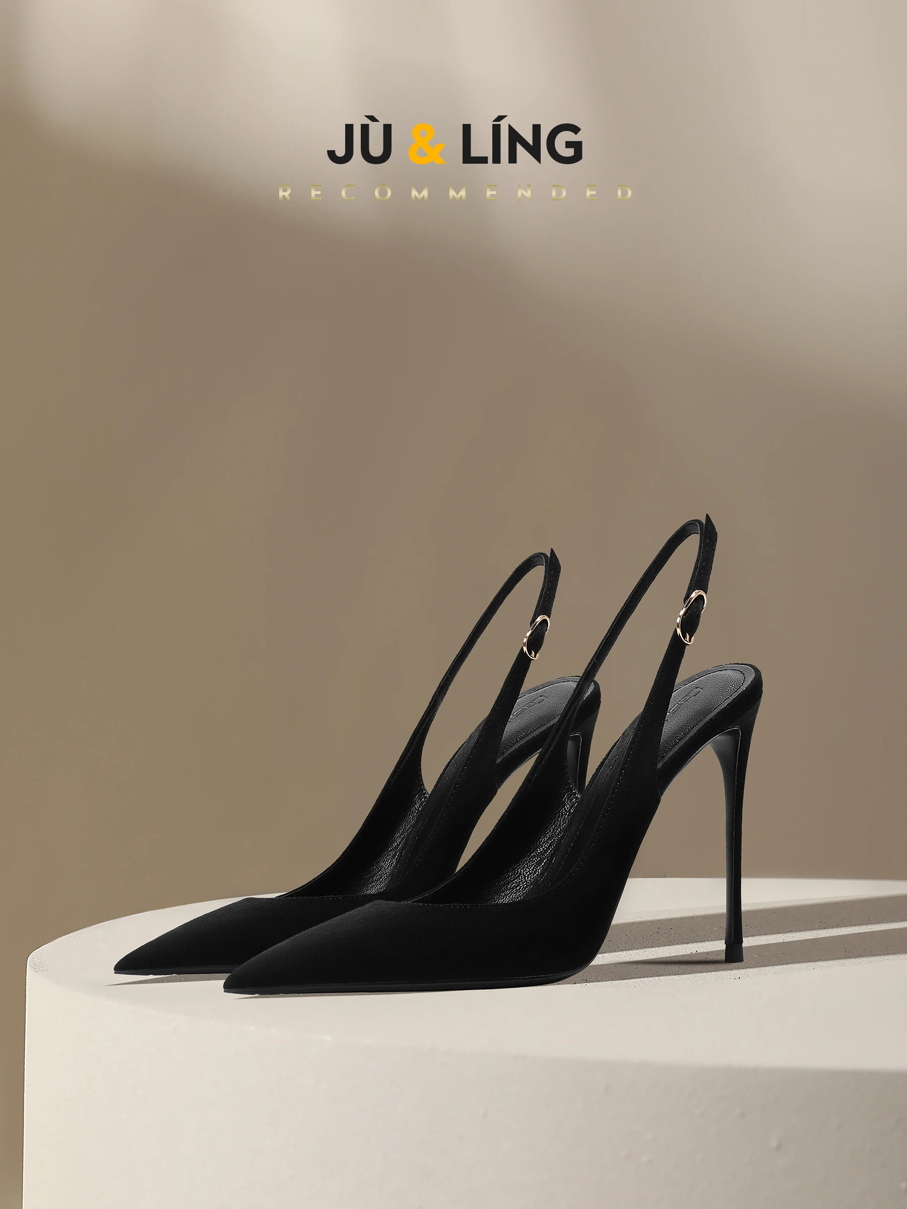 

New Baotou fine heeled sandals for women, black with a buckle strap and a back strap, fashionable suede high heels
