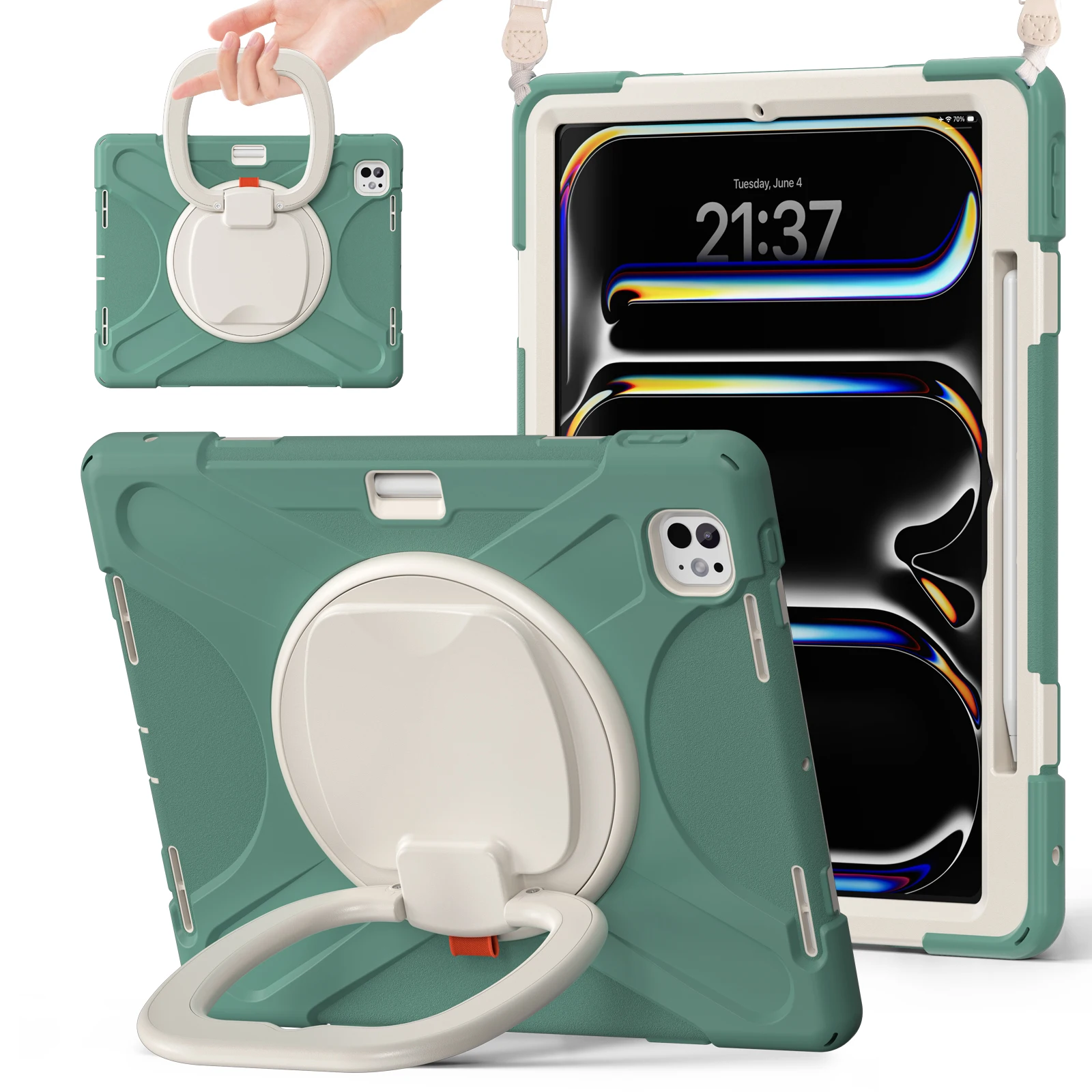 

360 Rotating Kids Case For iPad Pro 13 2024 Model A2925 A2926 A3007 Heavy Duty Stand Cover With Funda Handle Grip Shoulder Strap
