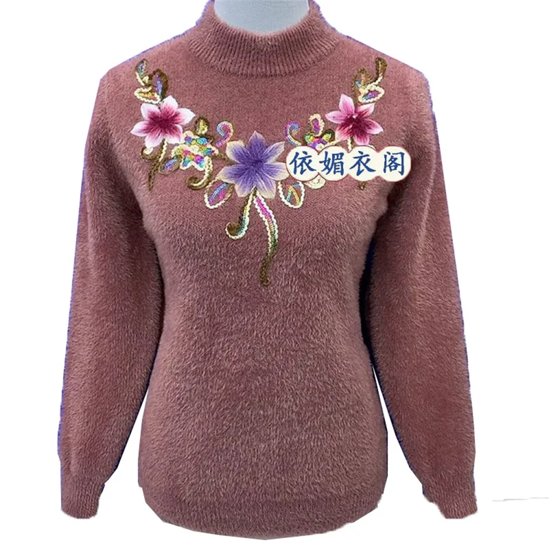 Mink Velvet Embroidered Flower Sweater Fashionable Mother's Comfortable Middle-Aged Elderly Winter New Half High Collar Pullover