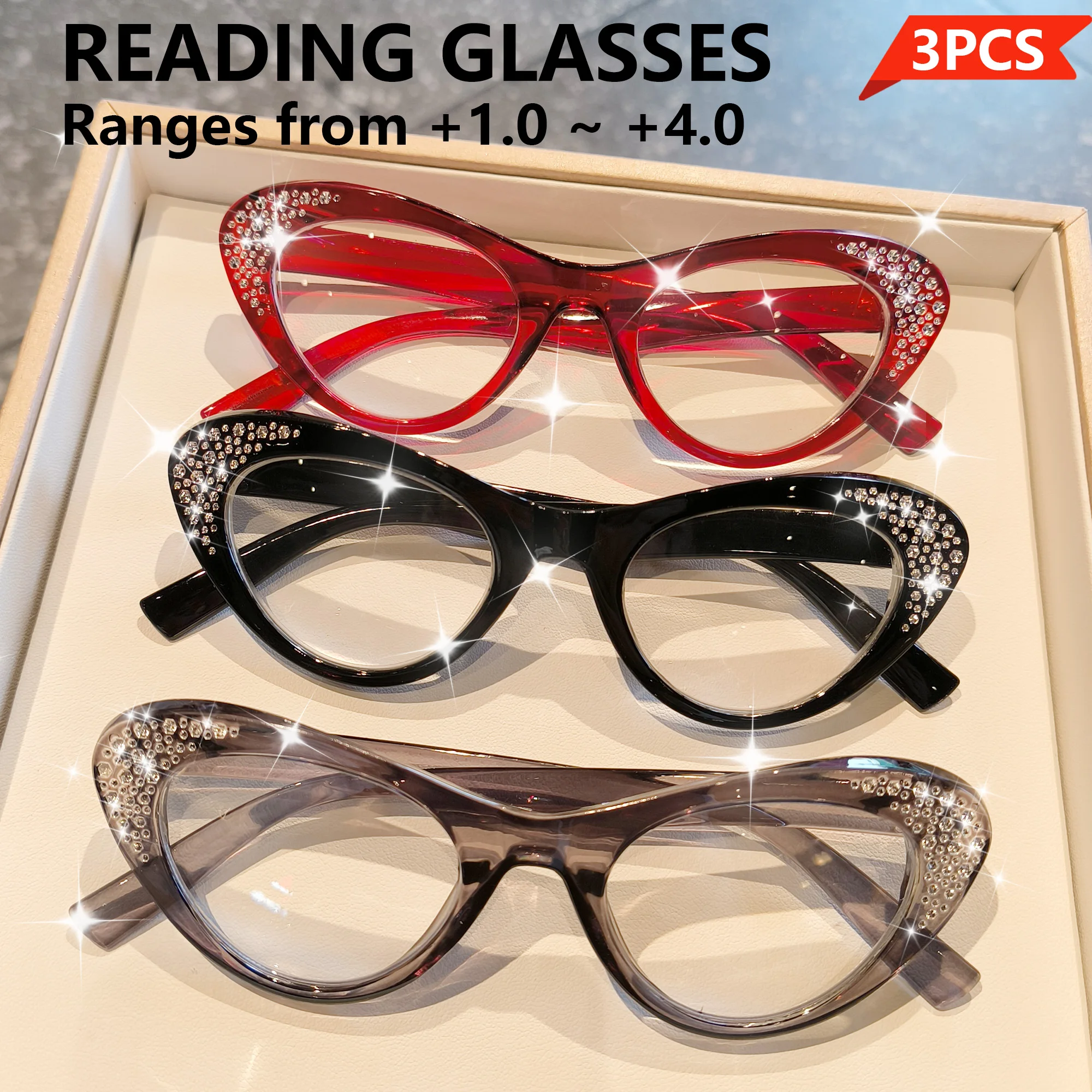 Lunettes de lecture œil de chat élégantes en strass, 3 pièces, pour femmes et hommes, bord complet, œil de chat, lentille haute définition, +1.0 à +4.0 dioptrie