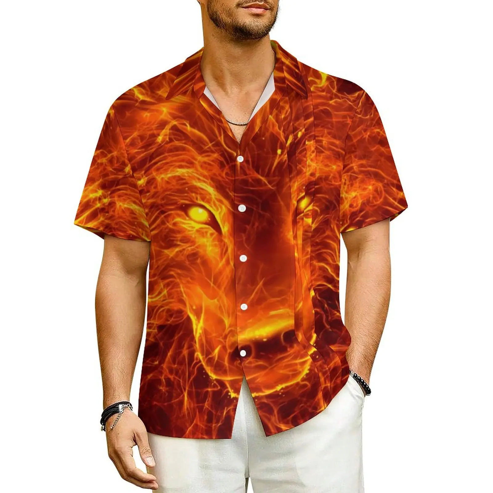 

Fire Wolf Head Casual Shirt Abstract Animal Vintage Hawaiian Shirts Man Short Sleeve Beach Streetwear Custom Plus Size Blouses