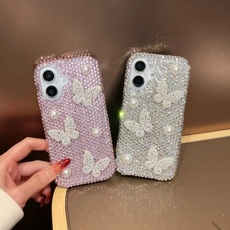 

Flash Diamond Pink White 3D Pearl Butterfly Phone Case For IPhone 16 15 14 Plus 13 12 11 Pro Max Shockproof Protective Cover