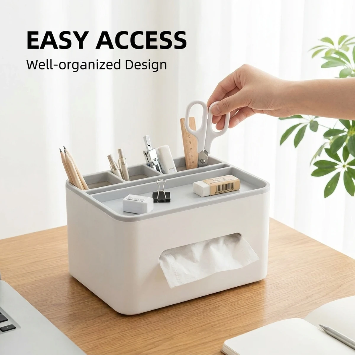 Desktop Tissue Holder with Compartment Storage,Pen Slots, Non-slip Base, Modern Style, For Office, Bedroom,Living Room,School