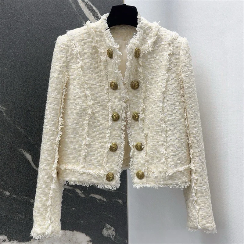 

Women's jacket New autumn 2025 double breasted slim long sleeved top tweed weave Women's coat Cotton blend round neck outerwears