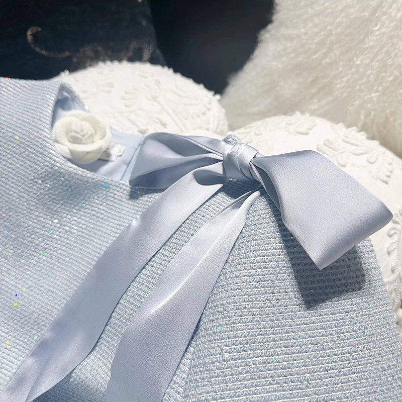Elegant Socialite High-End A-line Dresses 2024 Summer New French Temperament Bow Tie Beaded Short Sleeve Loose Slim Mini Dress