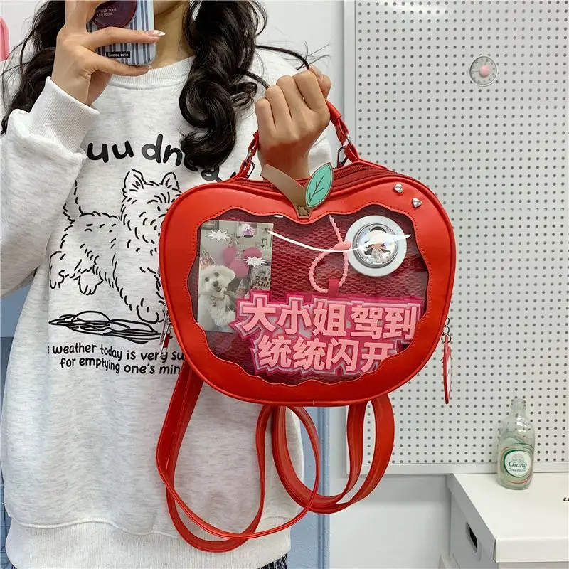Kawaii Apple Shaped Ita Bag Clear Mesh Window Lolita Backpack Handbag Removable Crossbody Strap Novelty Fruit Display Purse