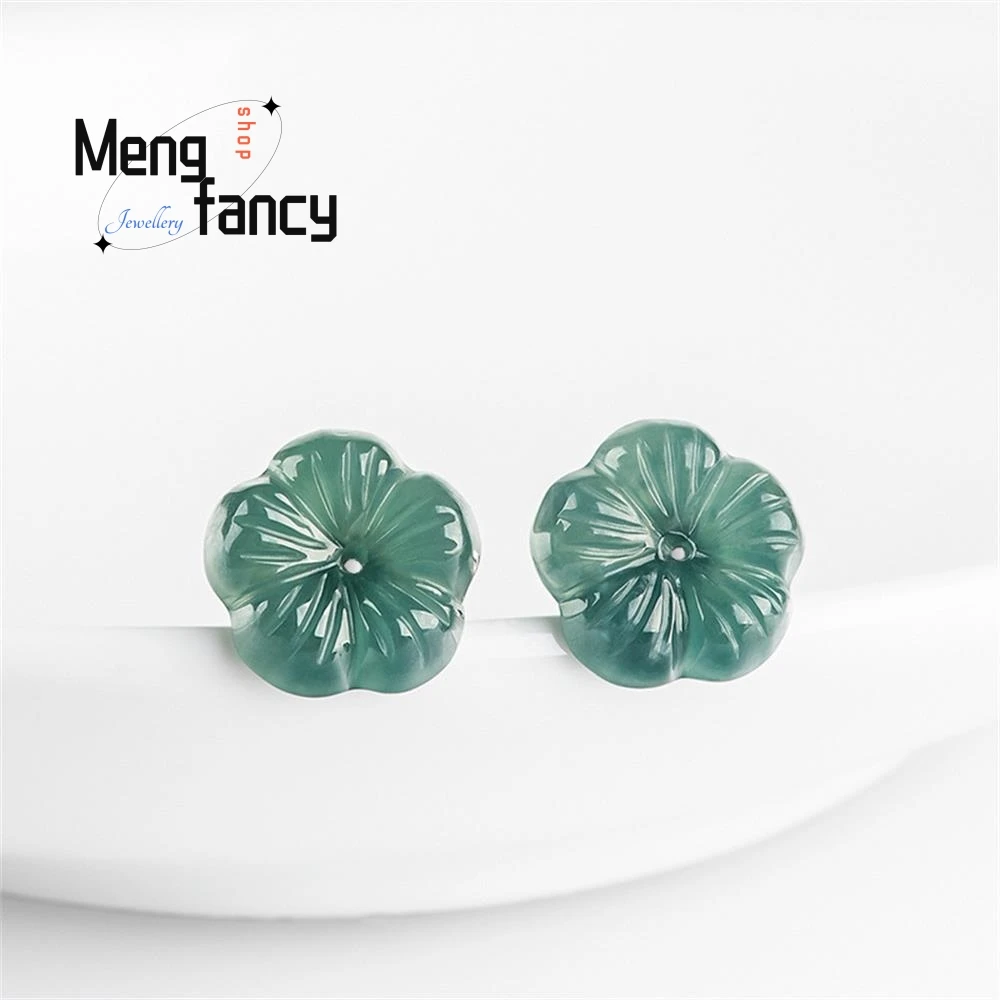 

S925 Silver Natural A-goods Jadeite Blue Water Plum Blossom Ice Jade Earrings Simple Elegant Exquisite Fashion Fine Jewelry Gift