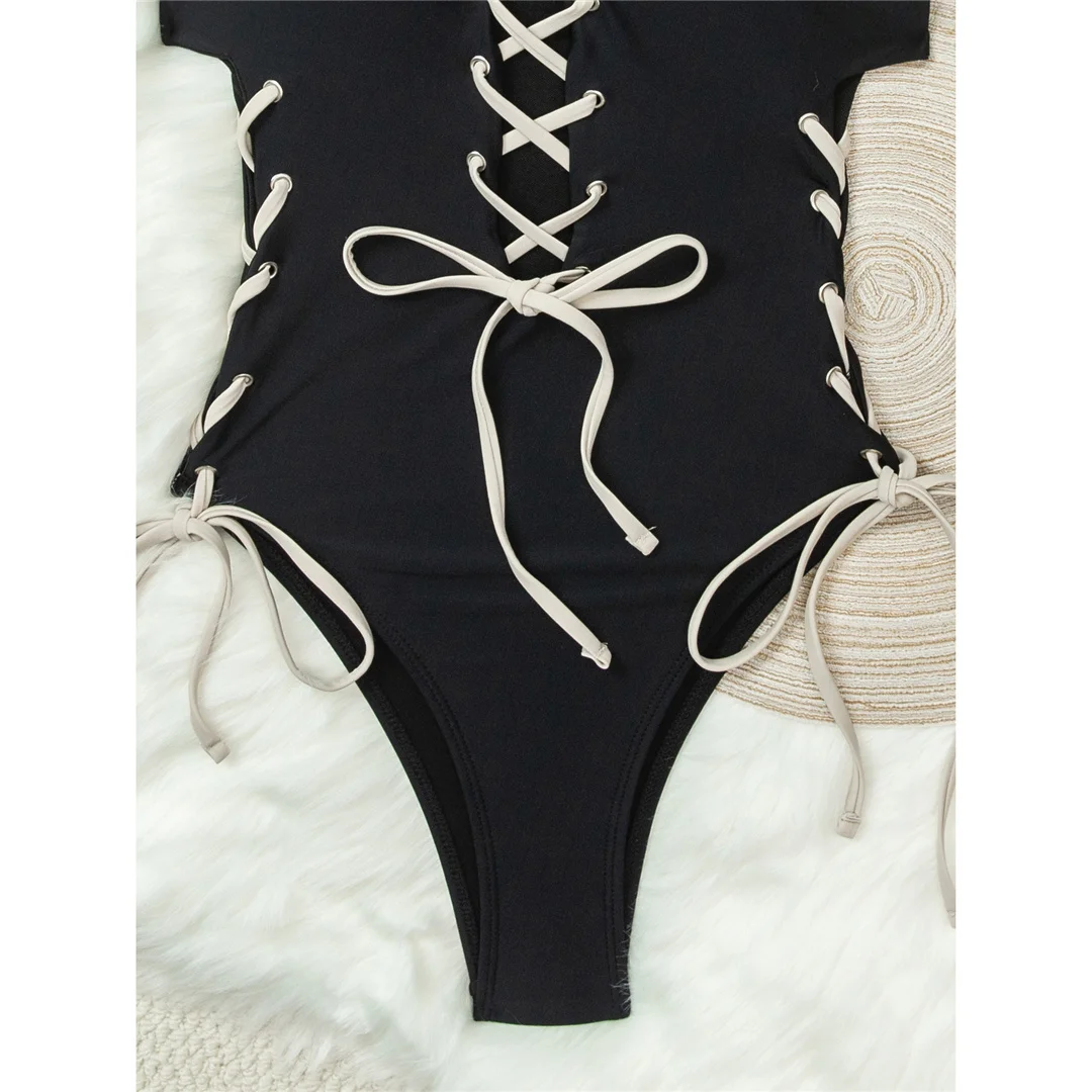 XS - L, tiefes V-Ausschnitt-Design, mit Schnürung, Damen-Badeanzug, einteiliger Badeanzug, Damen-Badeanzug mit hohem Beinausschnitt, Monokini, Badebekleidung, Badeanzug, V7806. – Detail 8