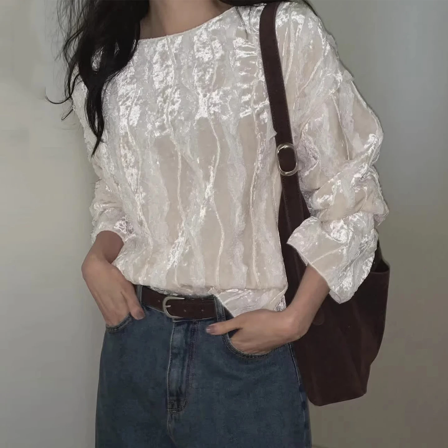 

Ele Бархатная кружевная отделка irt Женская свободная универсальная очаровательная блузка ранней весны в Корейском стиле Long Sve round Ne Blouse