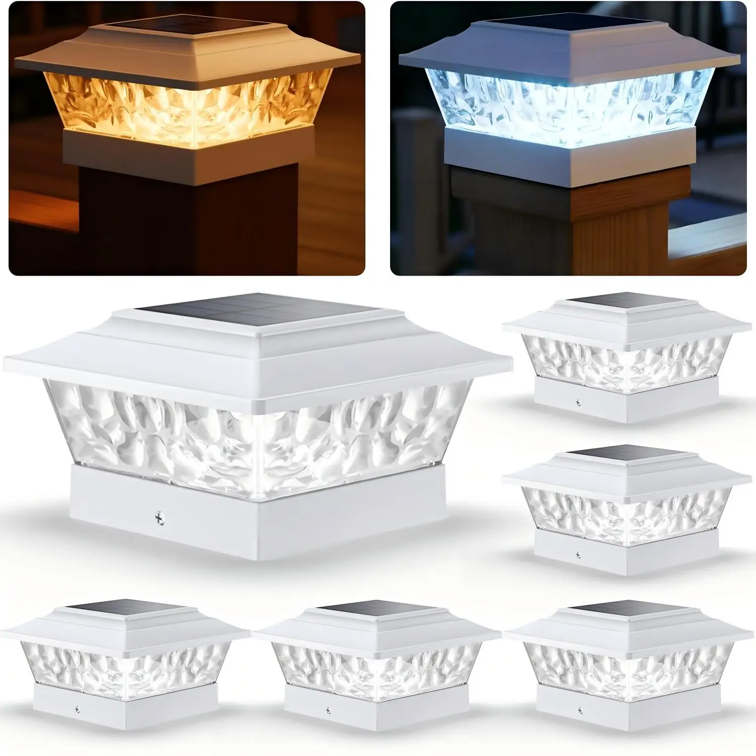 4/6/8 PacksSolar Post Cap Lights Outdoor LED, Warm White & Cool White Steady Dynamic Lighting Modes, IP65 Waterproof Solar Powered Fence Post Lights, Auto Dusk to Dawn, Fit 4x4 5x5 6x6 Wooden Vinyl Posts for Deck, Patio, Porch, Yard, Garden Decor