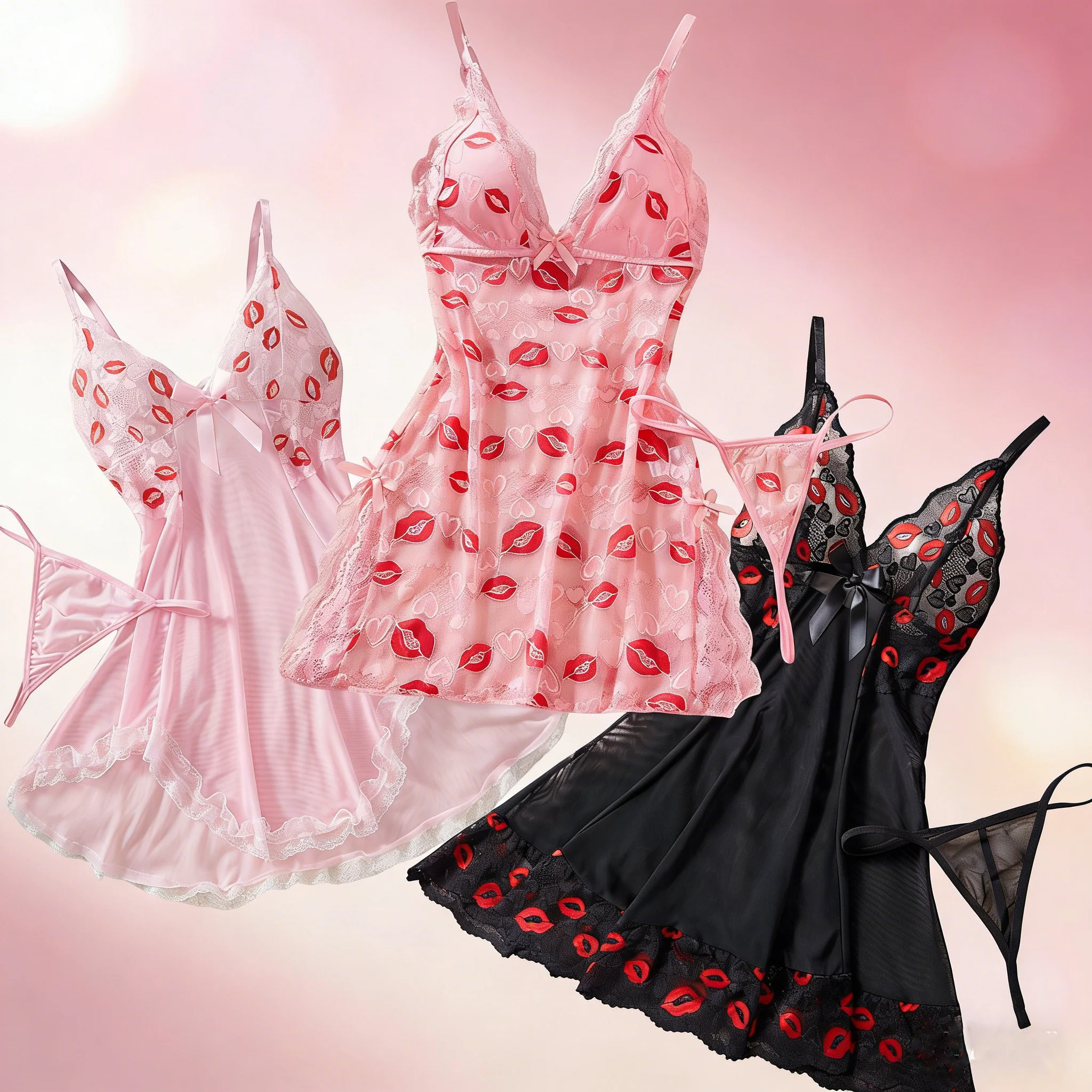 Sexy Sling Nightdress Lace Patchwork Elegant Lingerie Transparent Temptation Nighties For Women Pajama Red Lip Print Mini Dress - view 2