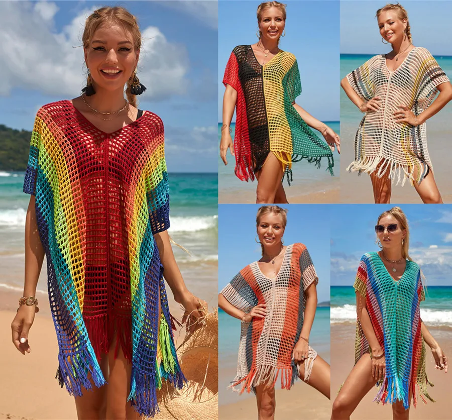 

Raiinbow Striped Crochet Tunic Sexy Hollow Out Bikini Cover-ups Tassel Mesh Beach Dress Women Beach Wear Swim Suit Cover Up