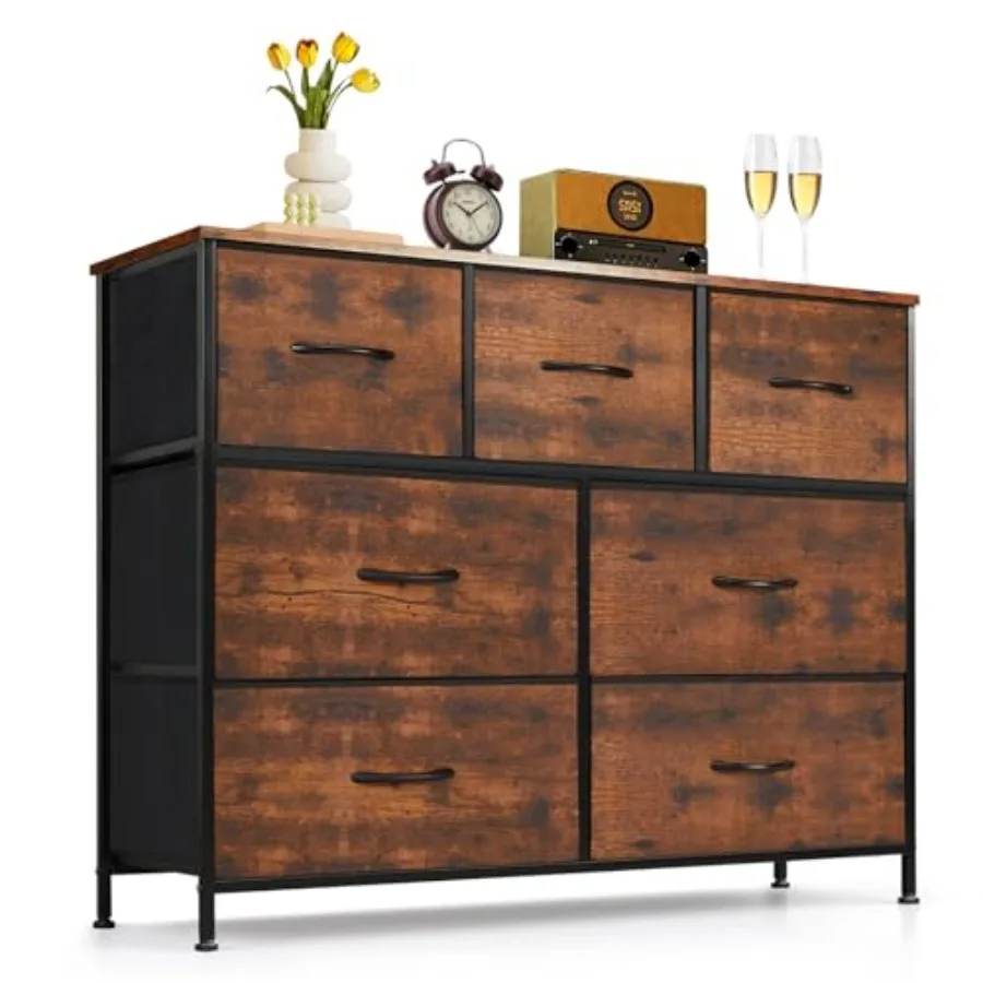 

7-Drawer Drer for Bedroom, Anti-Tip Wide Storage Organizer Fabric Chest of Drawers TV Stand for 45" TV with Wooden Top and Meta