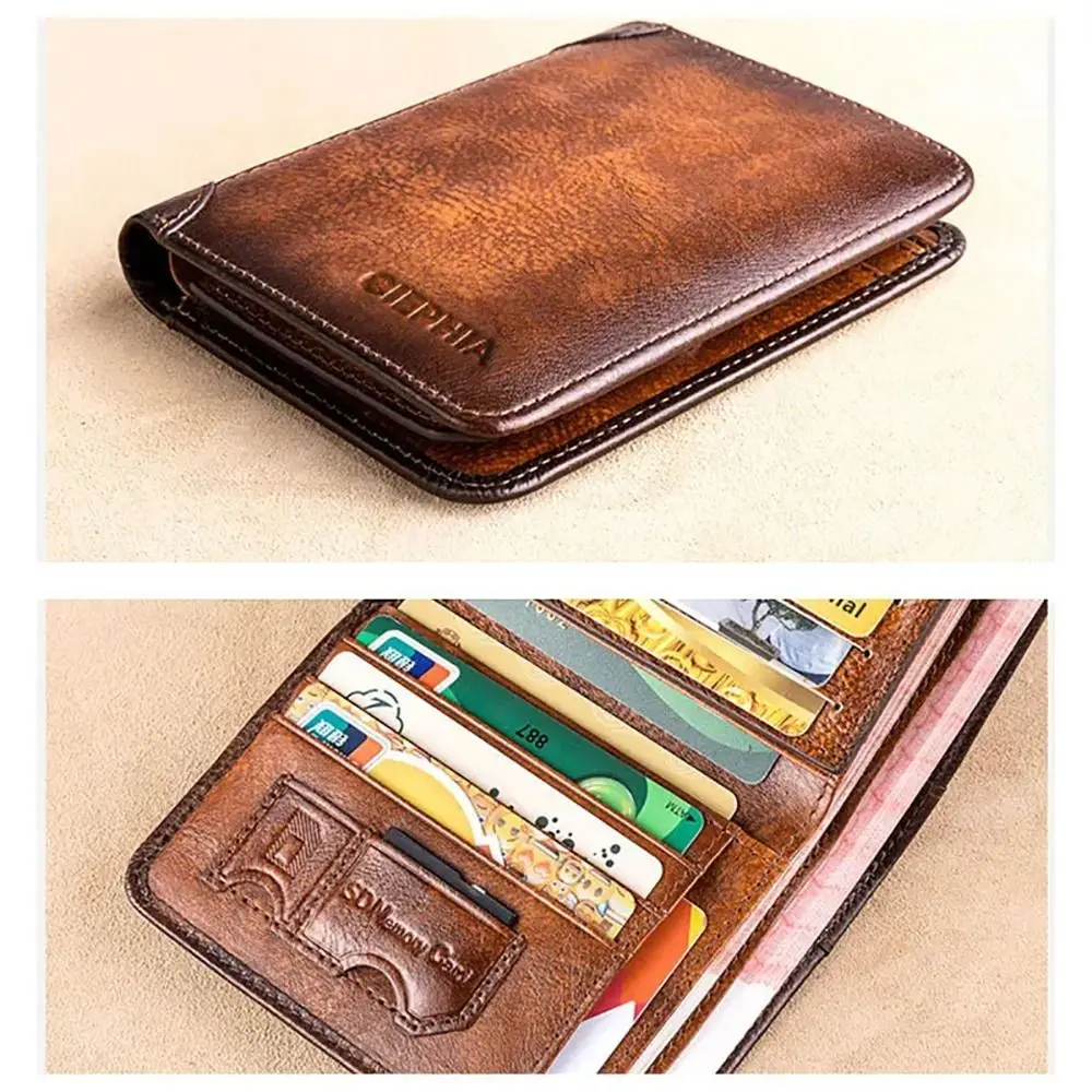 1Pcs Durable PU Leather Men Wallet Vintage RFID Blocking Trifold Wallet Short Multi-functional ID Credit Card Holder
