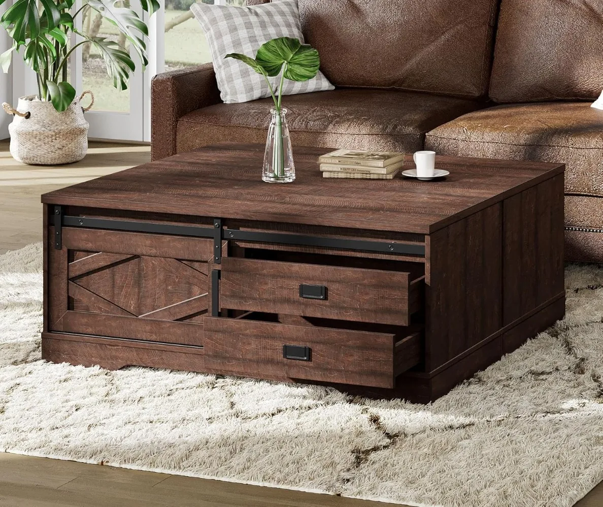 Rectangular Coffee Table with Sliding Barn Door,Rustic 2 in 1 Center Table with Hidden Storage Compartment and Drawers