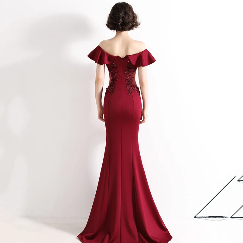 Elegant Burgundy Evening Dresses Boat Neck Off-The Shoulder Beaded Appliques Slim Mermaid Dress Women\'s Formal Maxi Gowns