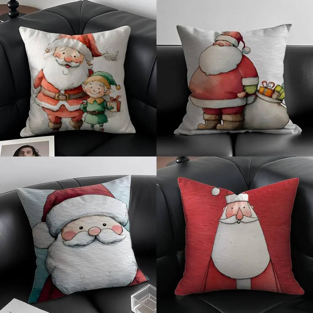 S-Santa Claus illustration Cushion Cover Pillow Case Anti-dustmite Invisible zipper silky plush cushion