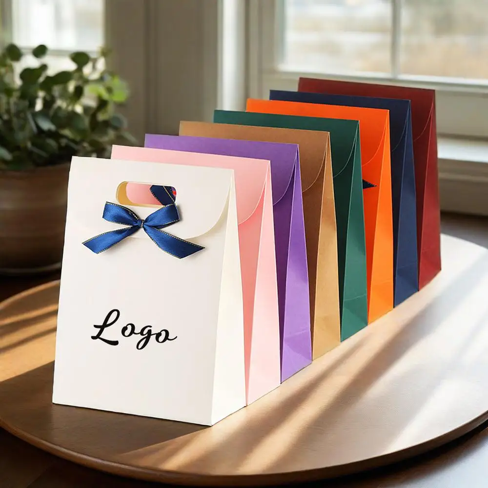 

24pcs Custom Logo Pink Flap Ribbon Bow Tote Bag Charm Exquisite Paper Handle Bag Christmas Gift Party Favor Kraft Paper Bag