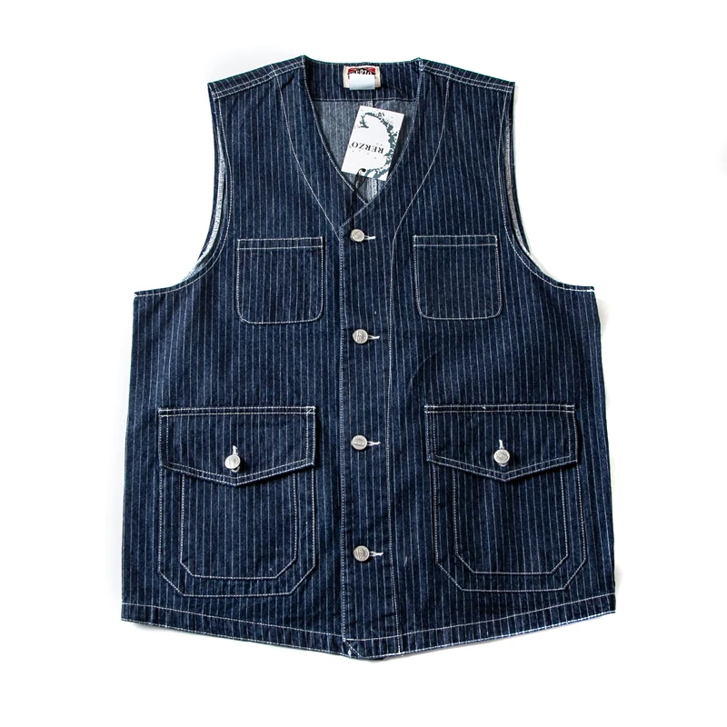 Buckle Back Retro Denim Vest Men's Multi Pockets Workwear Sleeveless Jacket Y2k Youth Male Striped Blue Camisole Top Vintage