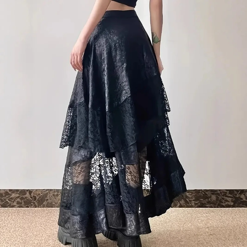 Gothic Vintage Black Midi Skirt Aesthetics Y2k Lace Irregular Skirt French Style Elegant Casual Skirt Design Chic Woman Clothes