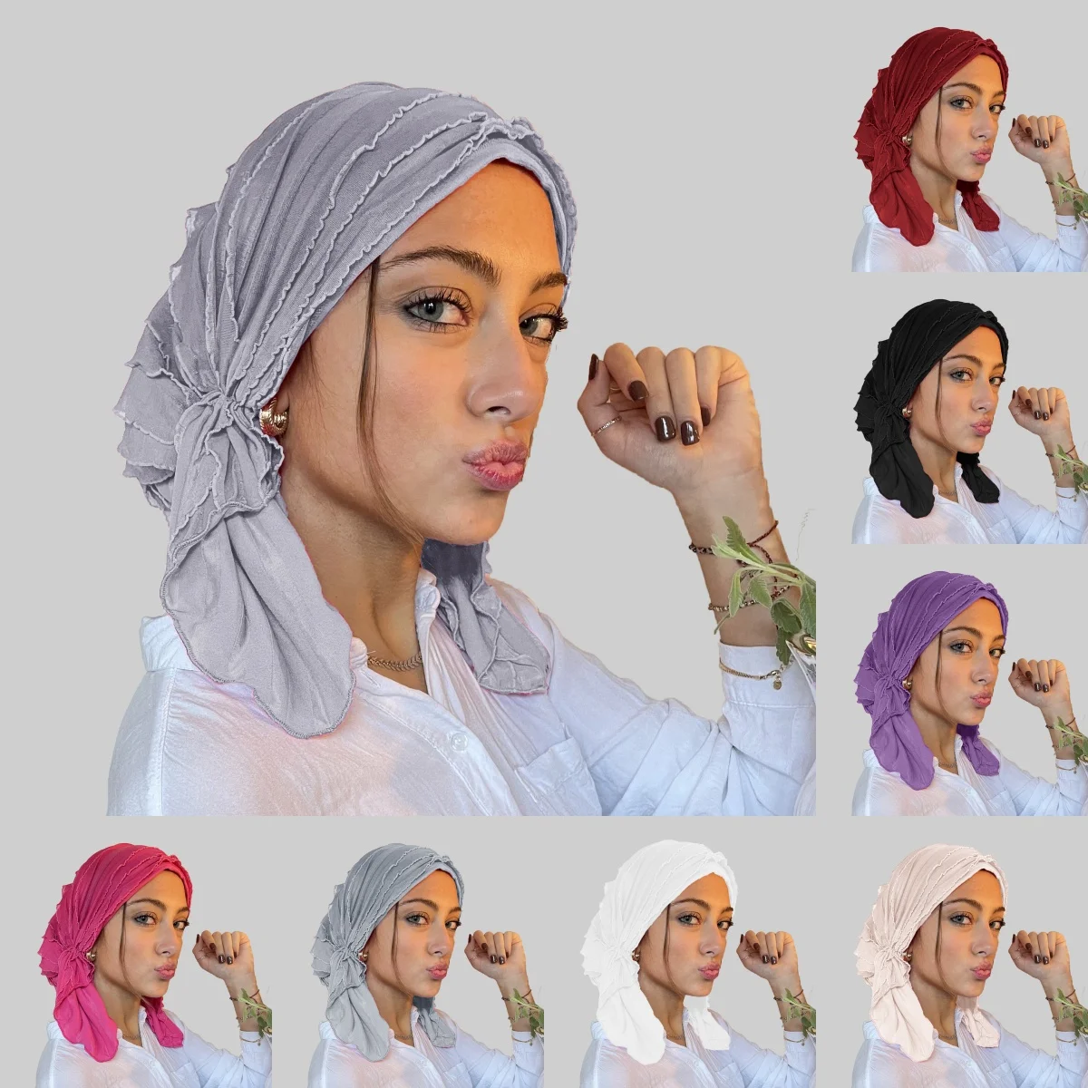 

Solid Color Women's Hijab Ruffle Trim Breathable Pleated Head Scarf Cap Breathable Hair Cap Fashionable Turban
