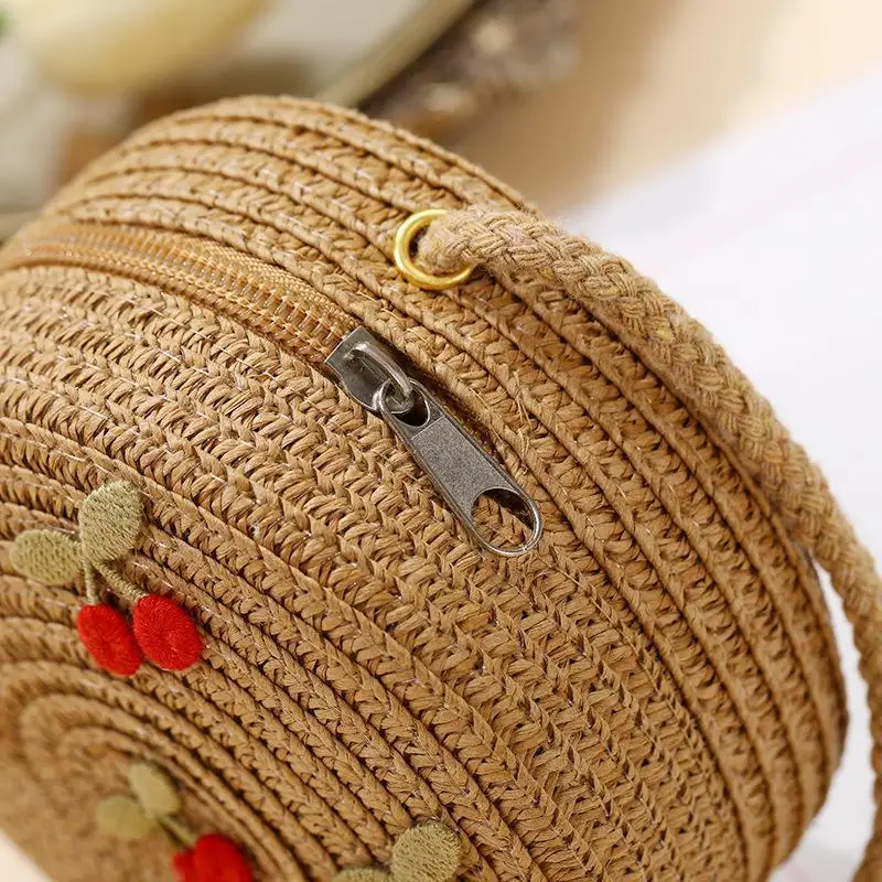 Faltbare gewebte Strohtasche für Kinder, Sommer-Schultertaschen für Mädchen, rote Kirschen, Kinderhandtaschen, Strand- und Reisetaschen, kleine Geldbörsen – Detail 9
