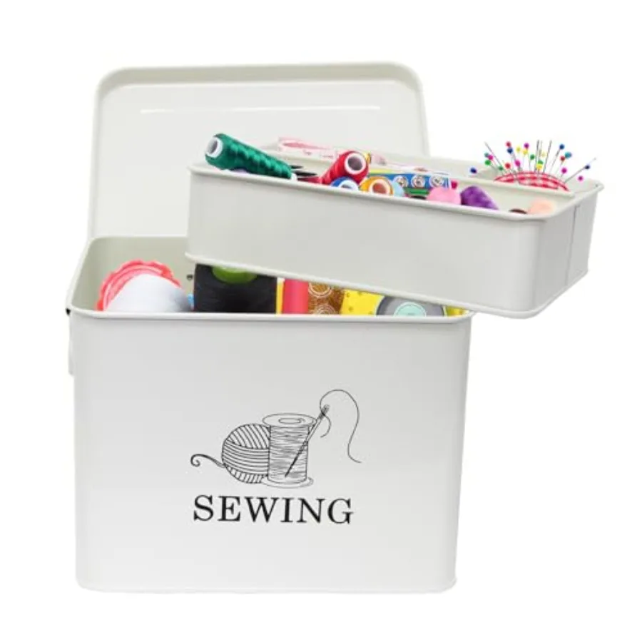

Промышленный белый двухъярусный органайзер для швейных принадлежностей 9.2" x 7.2" x 7" - с выдвижным лотком и усиленными ручками