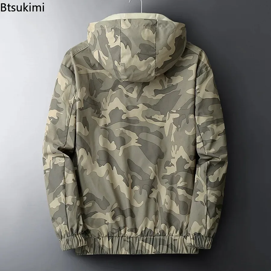 Spring New Men's Bomber Jackets Outdoor Breathable Casual Long Sleeve Zipper Camo Hooded Coats Sportwear Tops for Men Streetwear