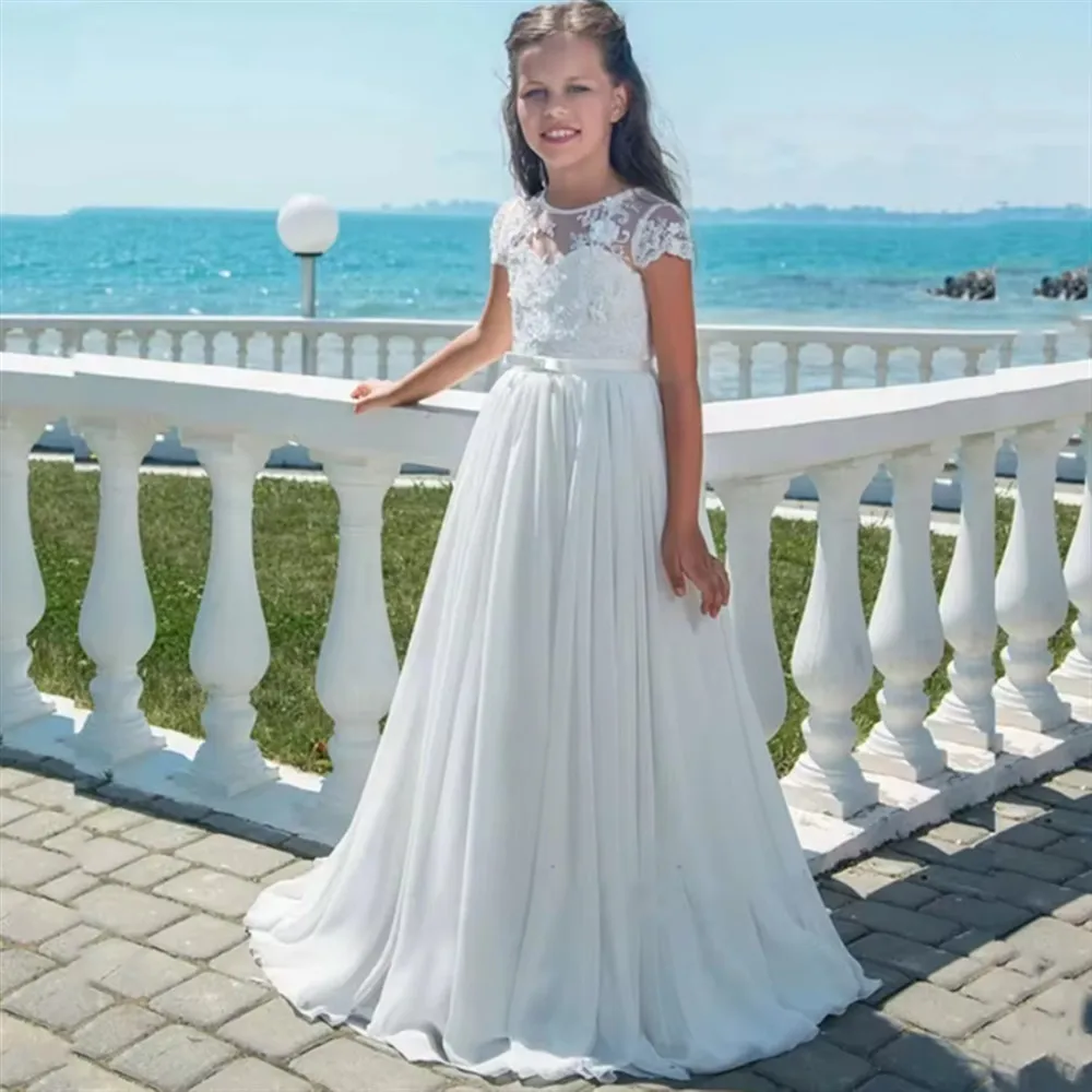 Vestido de novia elegante personalizado con flores para niña, apliques blancos, cinturón con lazo de encaje, vestido de primera comunión hinchado para niña, vestido de fiesta de cumpleaños